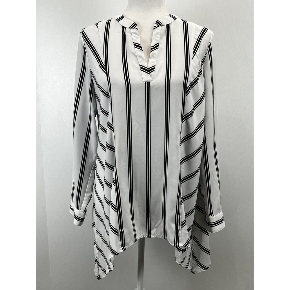 Chicos Striped Tunic Blouse Shirt Sz 0 US Small Womens Shark Bite Hem White Blac